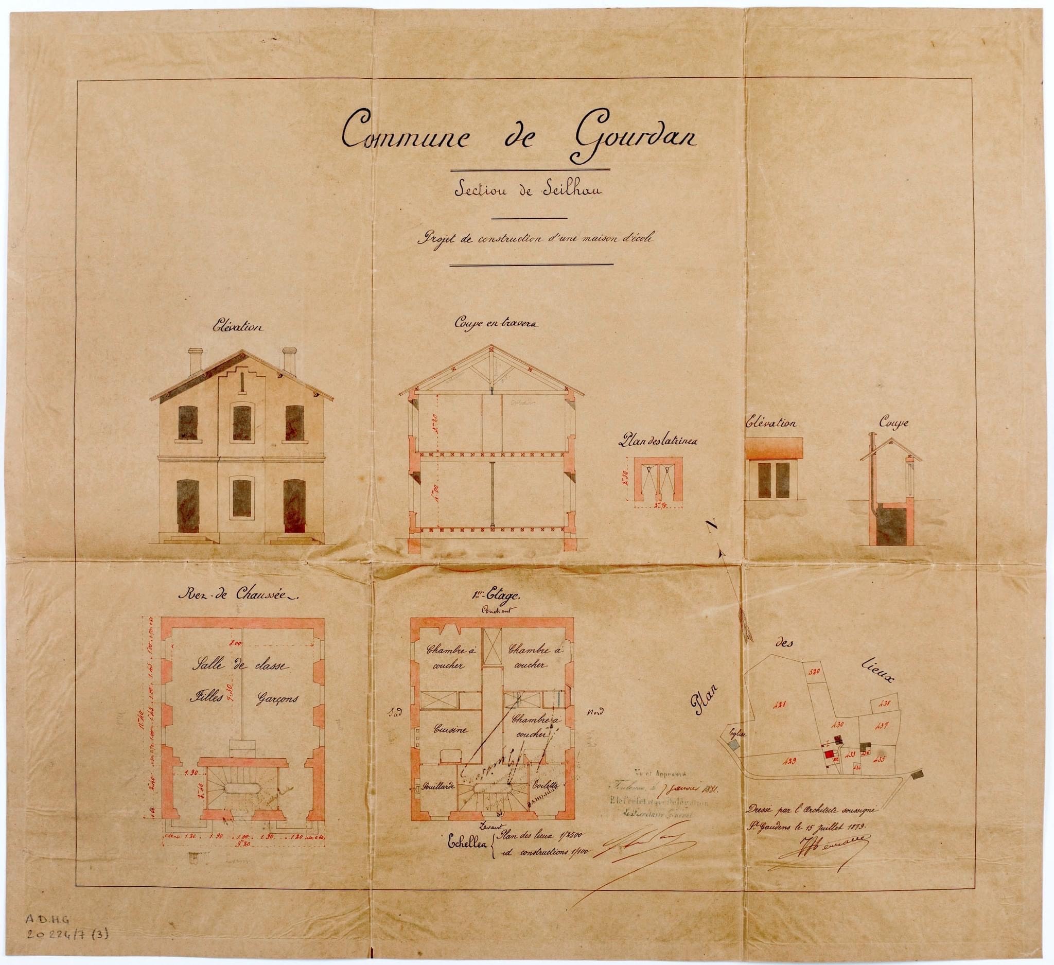 Plan du projet de l'école dressé par l'architecte ? le 15 Juillet 1879  . . . (Seilhan est encore hameau de Gourdan - jusqu'en 1896)